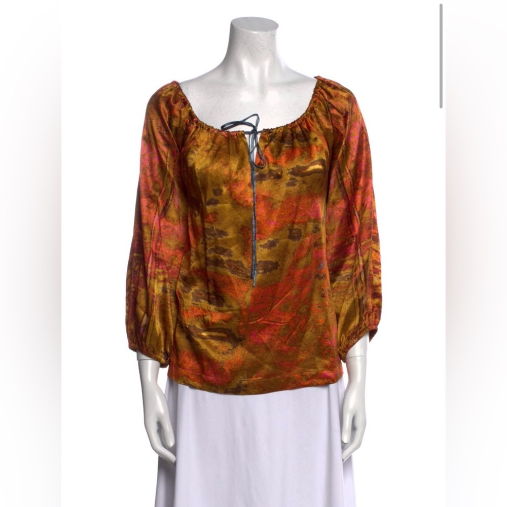 Carmen Molina 100% silk vibrant printed 3/4 long sleeve blouse top made in USA
